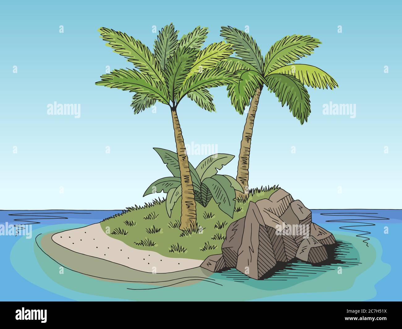 Insel Grafik Farbe Landschaft Skizze Illustration Vektor Stock Vektor