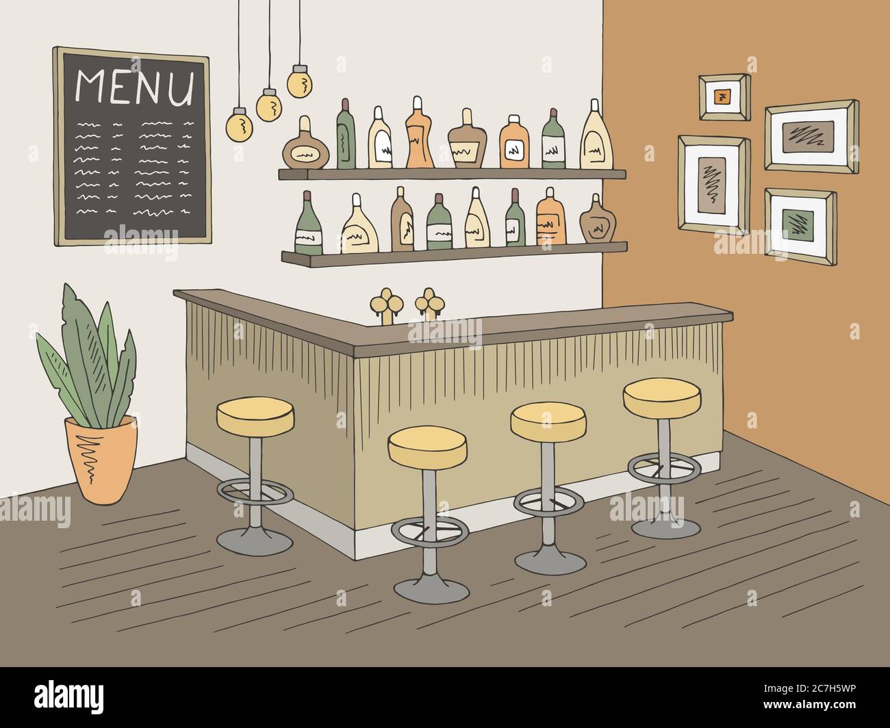 Café Bar Grafik Farbe Interieur Skizze Illustration Vektor Stock Vektor