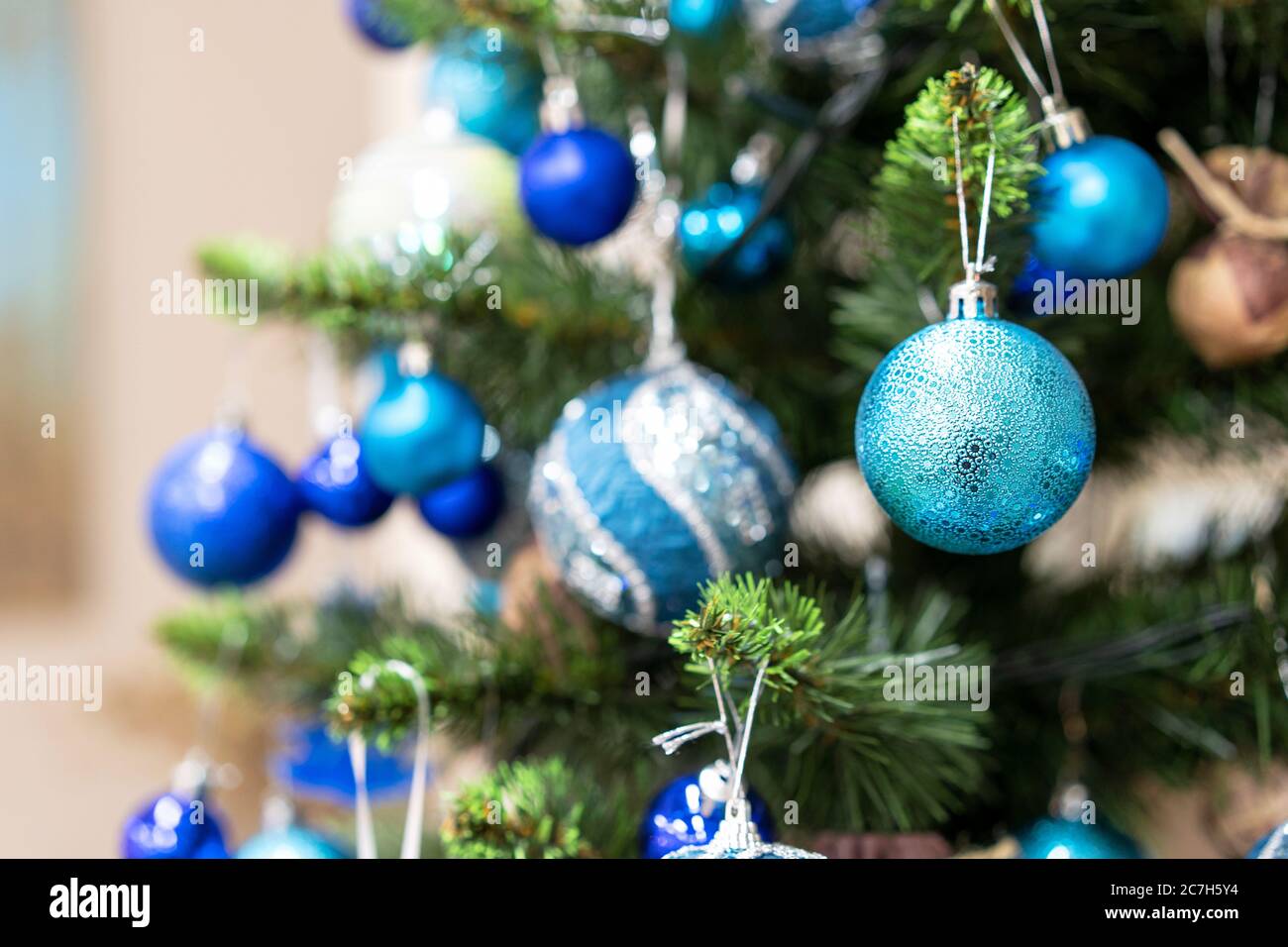 Leuchtend grüner Zweig des Neujahrsbaums. Weihnachtsbaum mit weißen und blauen Dekorationen verschönert. Wunderschöne Neujahrsbälle. Selektiver Fokus auf Blau Stockfoto