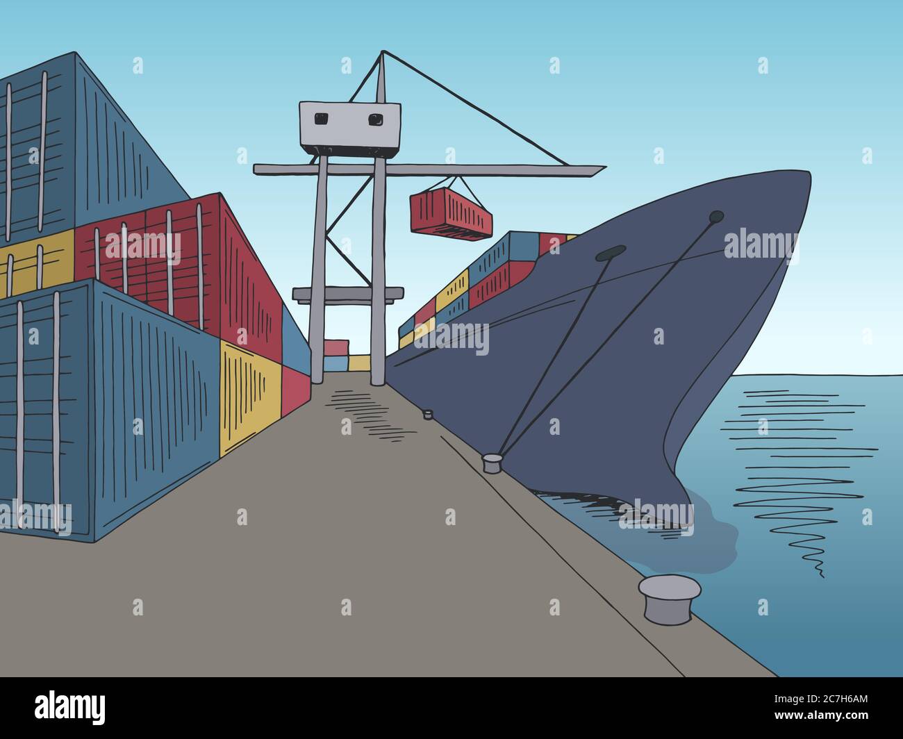 Port laden trocken Frachtschiff Grafik Farbe Meer Landschaft Skizze Illustration Vektor Stock Vektor