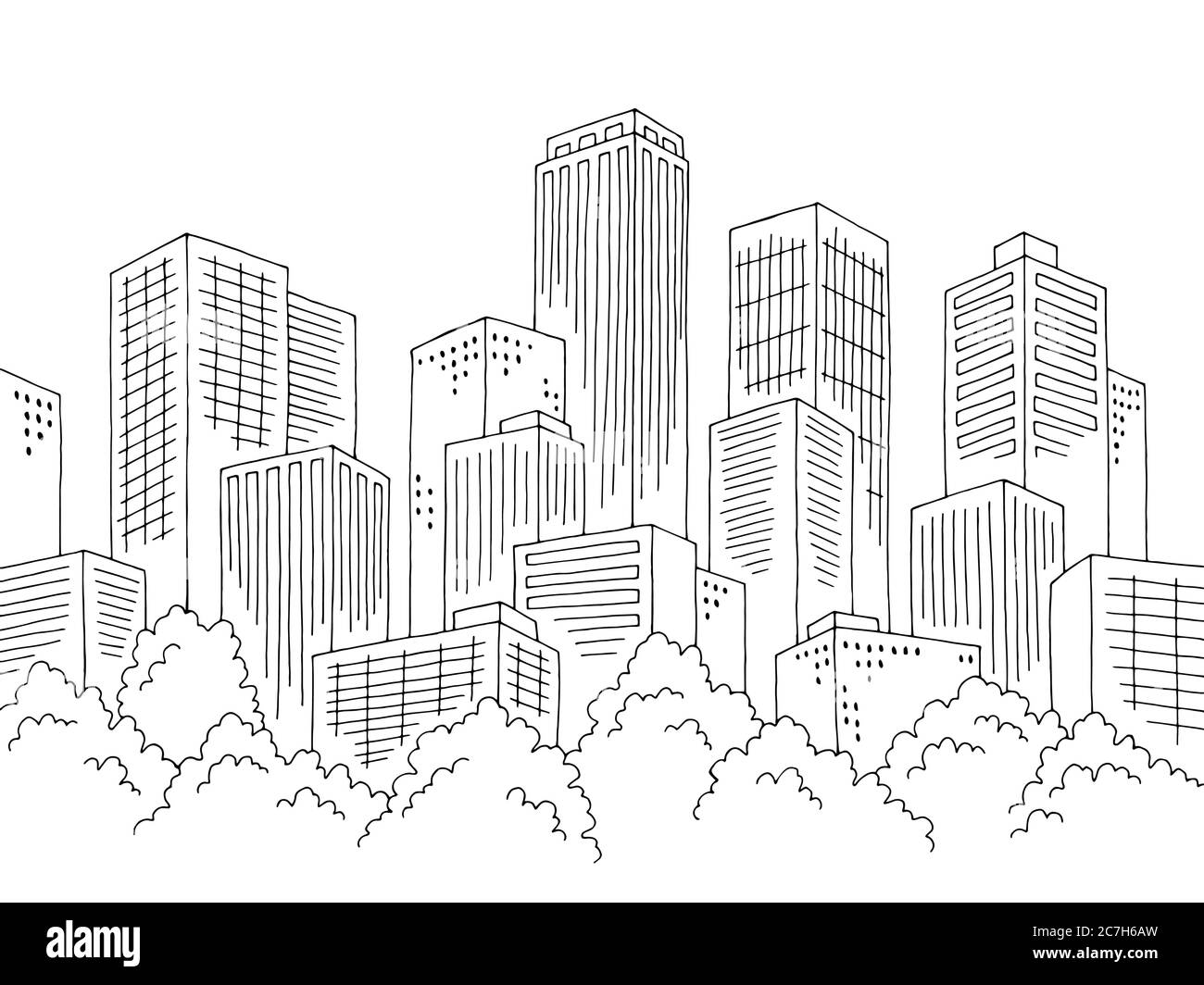 City Grafik schwarz weiß Stadtbild Skyline Skizze Illustration Vektor Stock Vektor