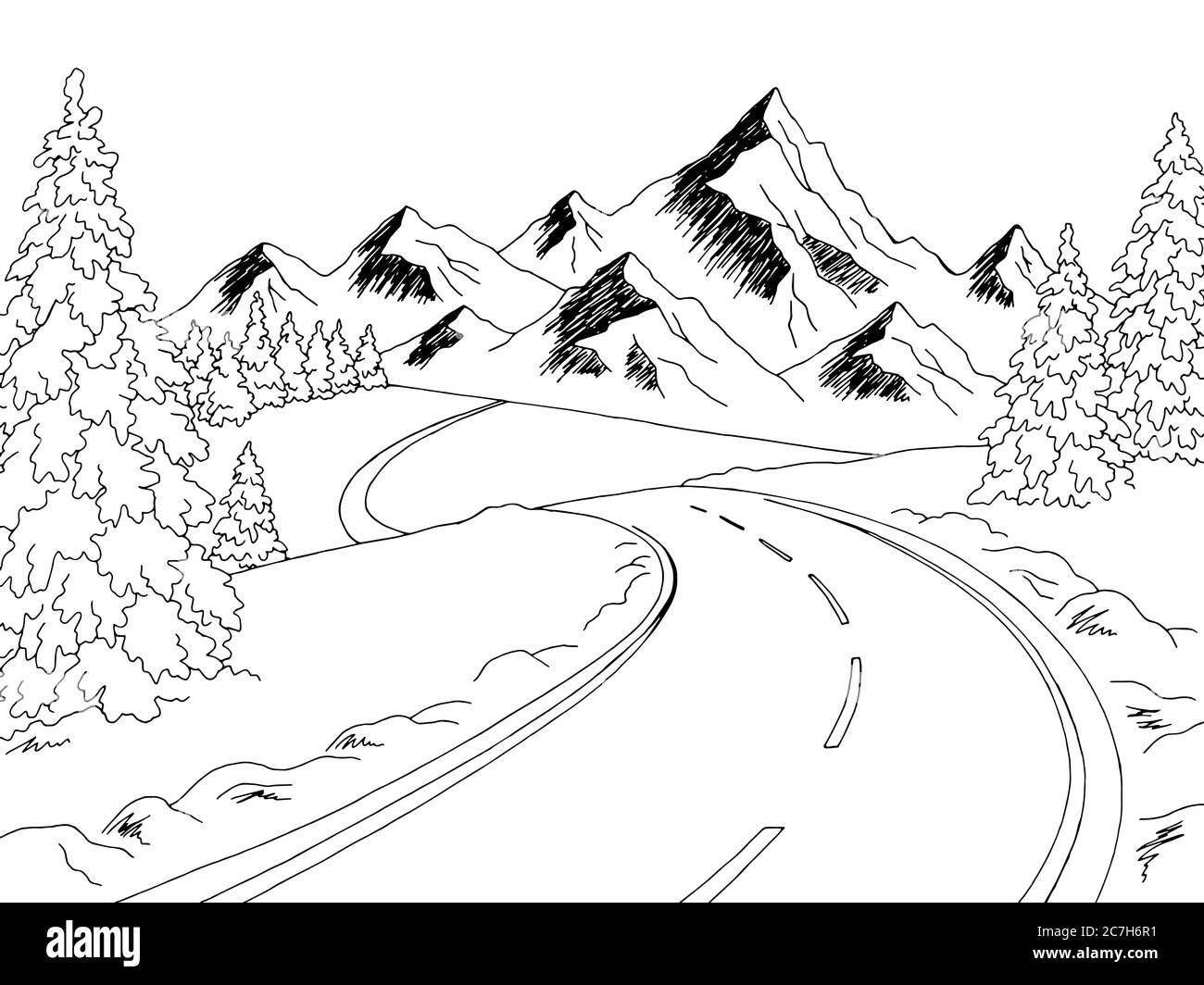 Mountain Road Grafik schwarz weiß Winter Landschaft Skizze Illustration