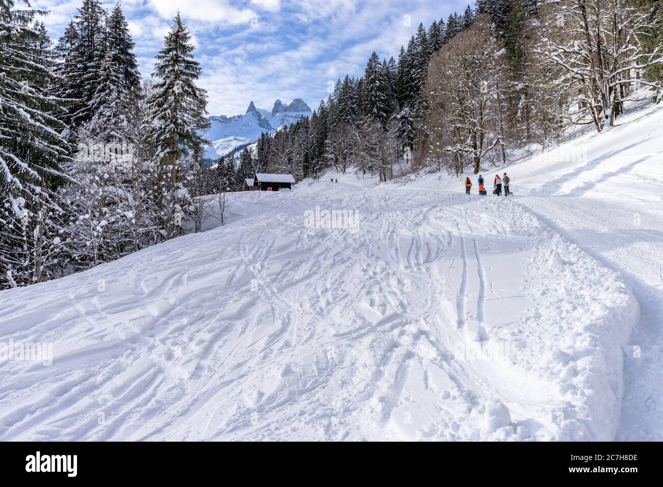 Europa, Österreich, Vorarlberg, Montafon, Raetikon, Gauertal, Winterwanderer im Aufstieg entlang der Rodelbahn mit Blick auf die drei Türme Stockfoto