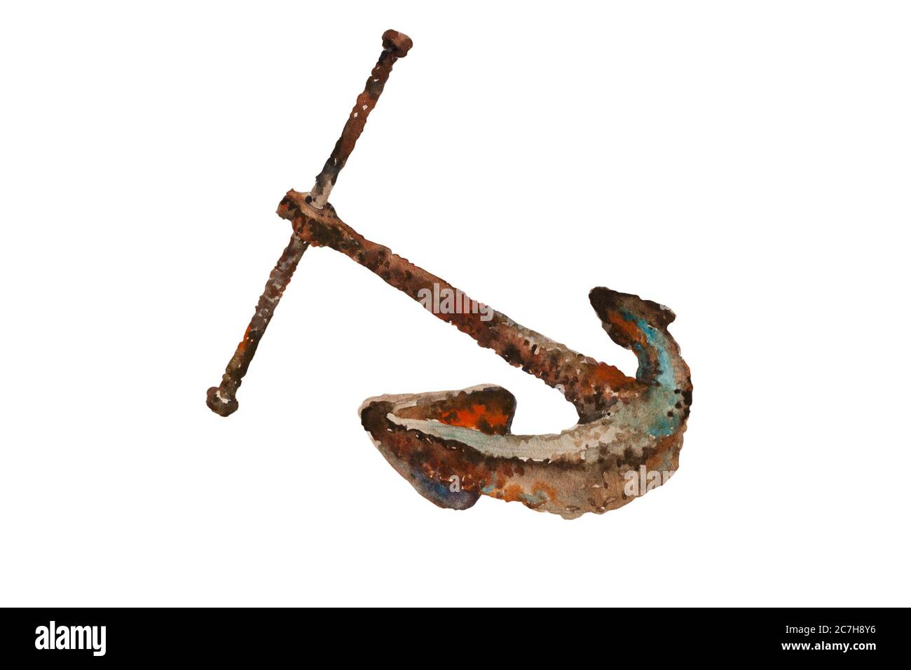 Alter Aquarellanker mit Rost, für eine lange Zeit unter Wasser bleiben. Original handbemalte Illustranion isoliert auf weißem Hintergrund. Stockfoto Alter Aquarellanker mit Rost, für eine lange Zeit unter Wasser bleiben. Original handbemalte Illustranion isoliert auf weißem Hintergrund. Stockfoto
