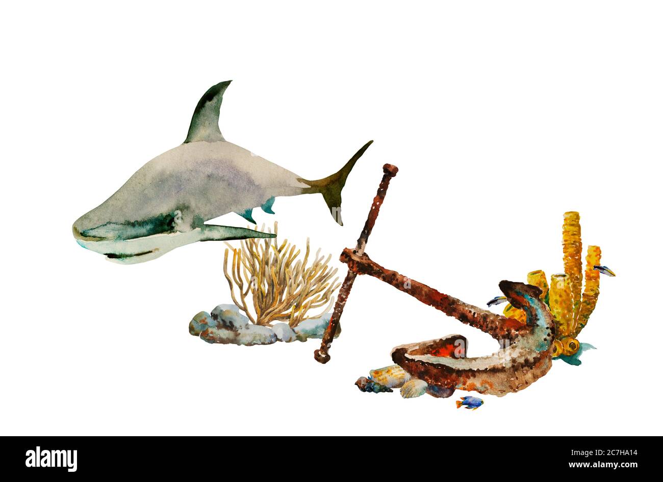 Aquarell-Unterwasserszene mit Anker auf dem Meeresboden, mit Seebesen und kleinen Fischen und großen Haien. Originelles Konzept von Schiffbau und Tauchen Stockfoto