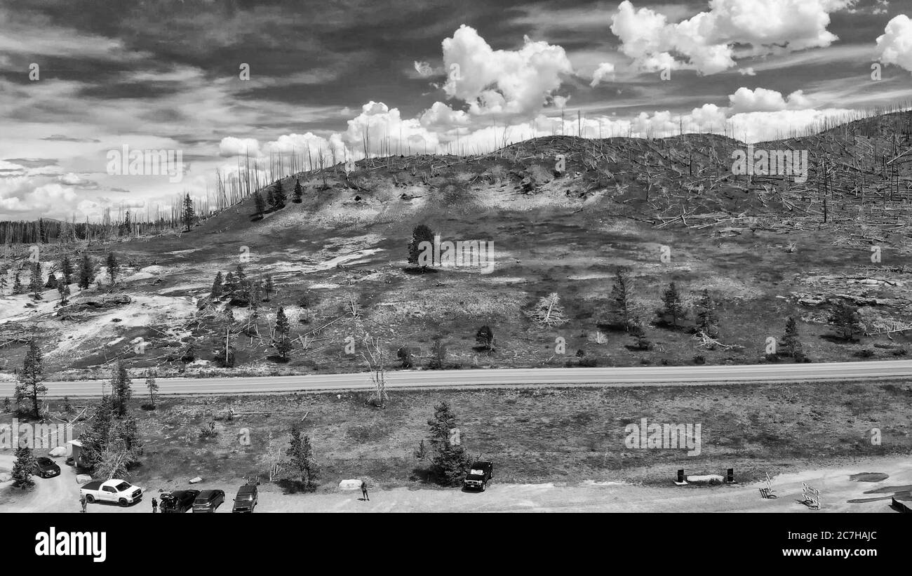 Hügel vor dem Yellowstone Lake, Wyoming, USA. Luftaufnahme Stockfoto