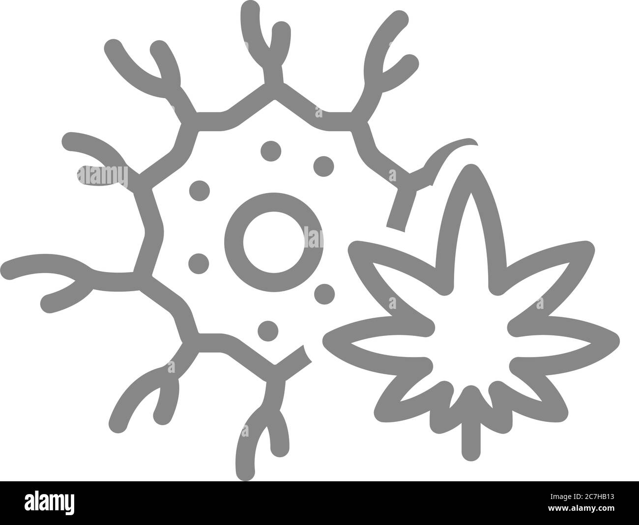 Nervenzelle mit Marihuana-Blatt-Symbol. Cannabisbehandlung, Anästhesie-Symbol Stock Vektor