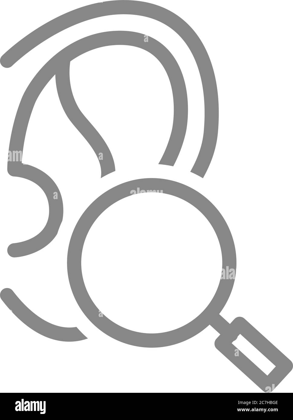 Ohr mit Lupenliniensymbol. Organforschung, Gesundheitsanalysen, Symbol für die Prävention von Krankheiten Stock Vektor