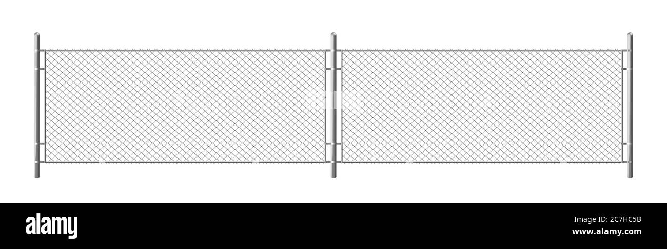 Metallkettenzaun, Segment des Rabitzrasters isoliert auf weißem Hintergrund. Vektor realistische Illustration von Stahldrahtgewebe, Sicherheitsbarriere für Gefängnis, militärische Kettengliedergrenze Stock Vektor