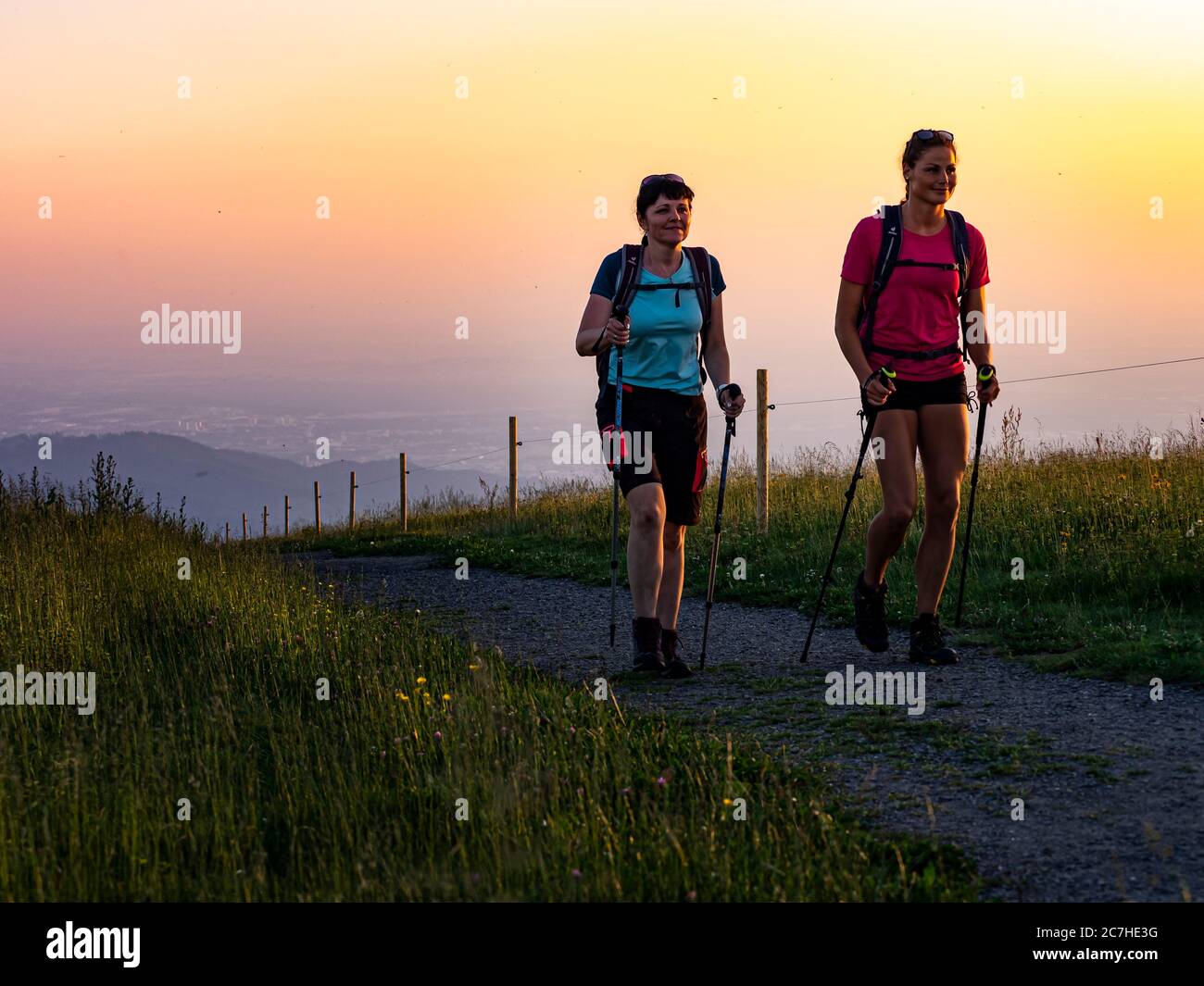 Wandern auf dem Zährersteig, schmaler Wanderweg am Gipfel des Kandel, Blick Richtung Westen Stockfoto