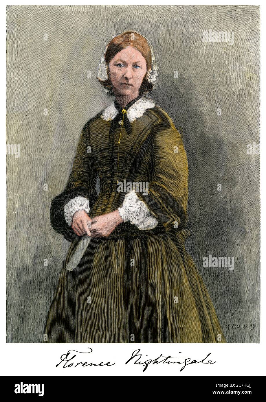Florence Nightingale, mit ihrem Autograph. Handkolorierter Holzschnitt Stockfoto