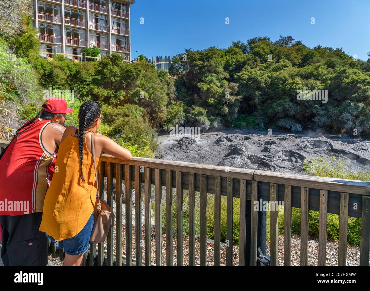 Schlammbecken (Ngawha uku) in Te Puia, Te Whakarewarewa Geothermal Valley, Rotorua, Neuseeland Stockfoto