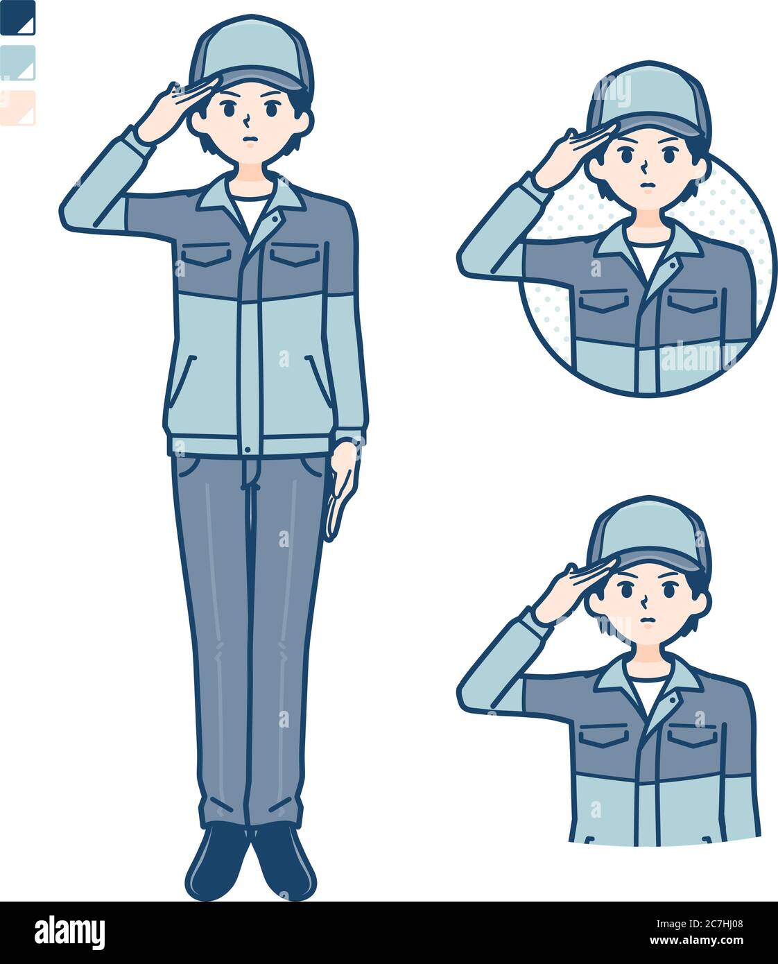 Ein Mann trägt Arbeitskleidung mit Grüßen Bilder. Es ist Vektorgrafik, so dass es einfach zu bearbeiten ist. Stock Vektor