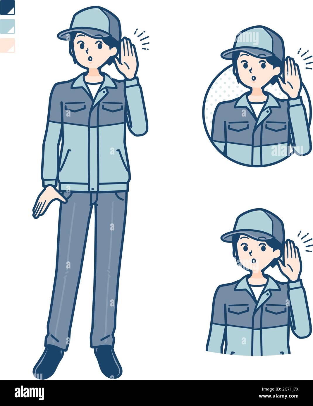 Ein Mann trägt Arbeitskleidung mit Hörbildern. Es ist Vektorgrafik, so dass es einfach zu bearbeiten ist. Stock Vektor