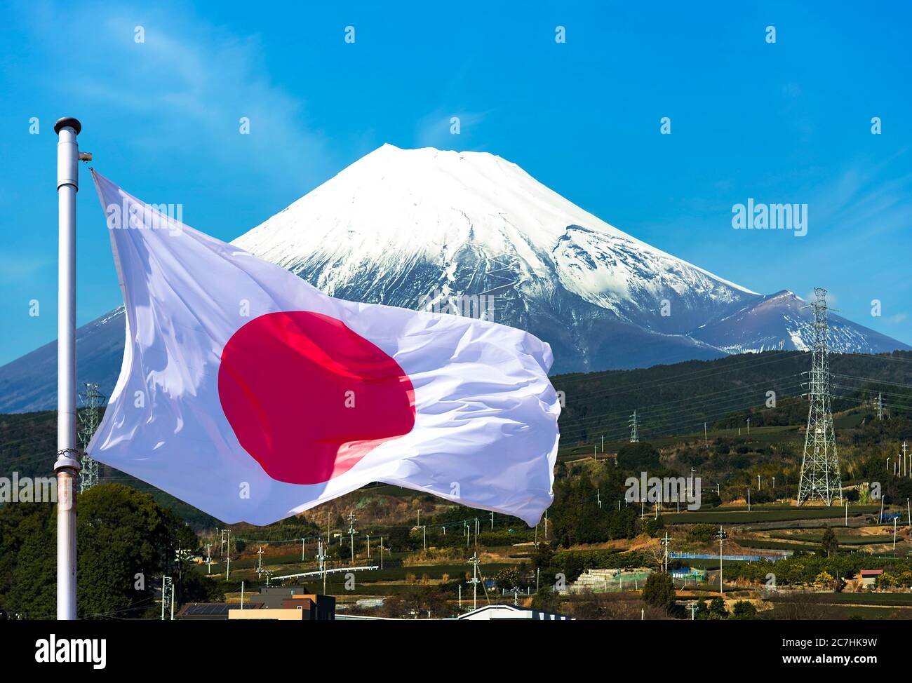 Japan, Fuji auf der Insel Honshu und Japan Flagge Stockfoto