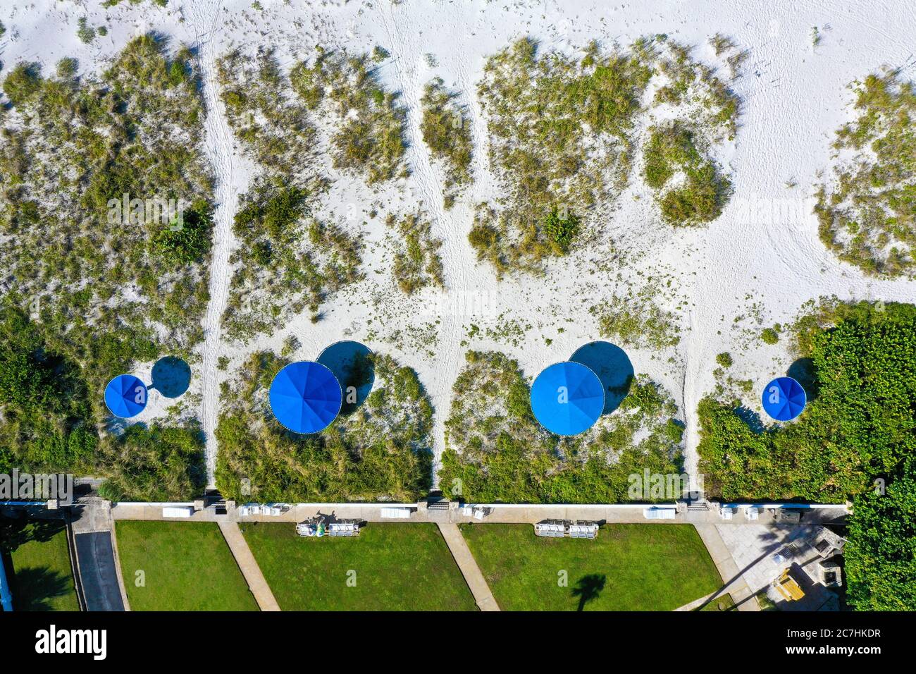 Eine Luftaufnahme von vier Blue Beach Schirmen am White Sandy Beach in Florida Stockfoto