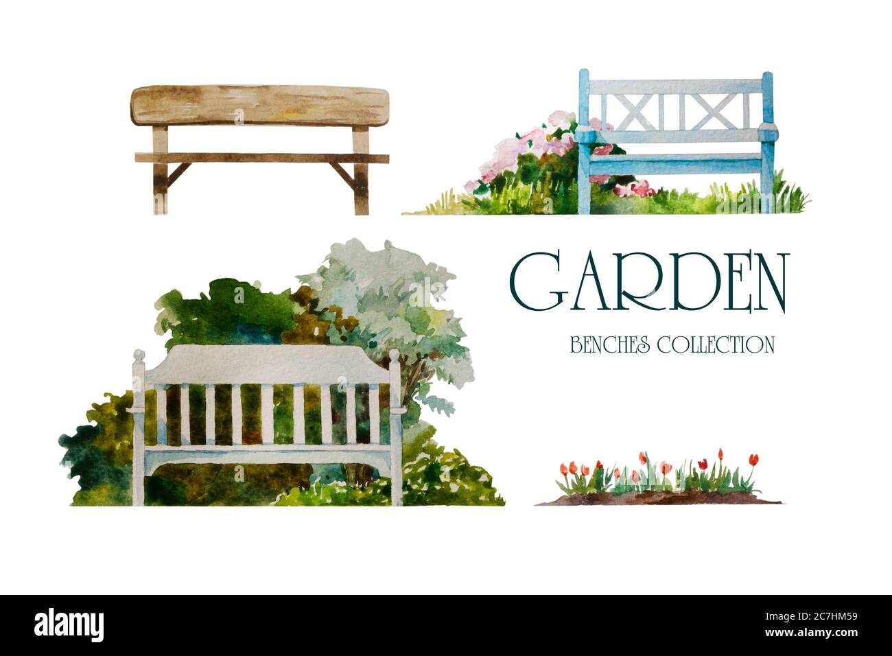 Set von Aquarell-Gartenbänken für Landschaftsgestaltung, handbemalt in fromt Ansicht und isoliert auf weißem Hintergrund. Stockfoto