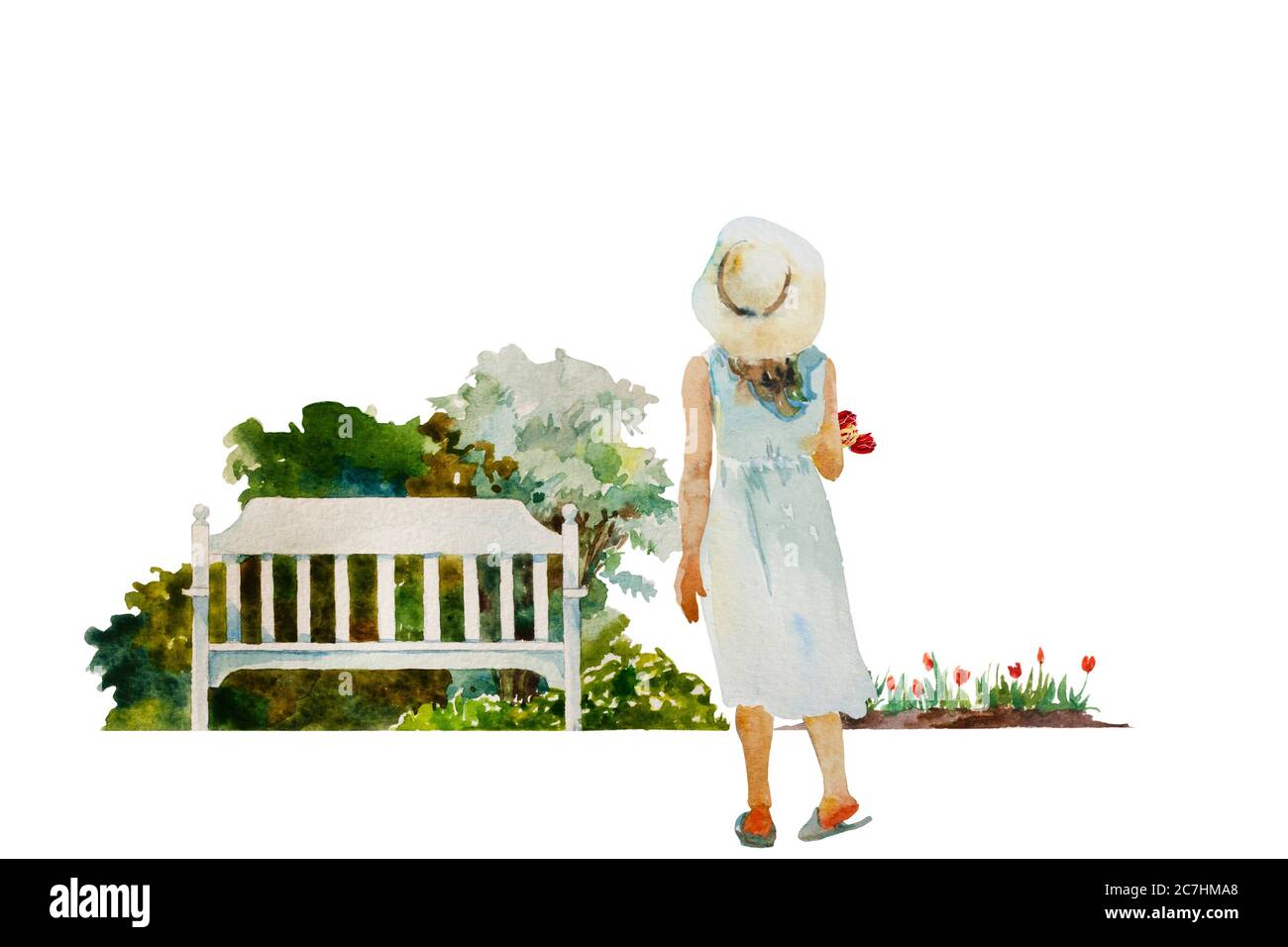 Junges Mädchen mit Tulpen zurück zu Beobachter gehen auf die Gartenbank. Original Aquarell Frühling Gartenarbeit Illustration Stockfoto