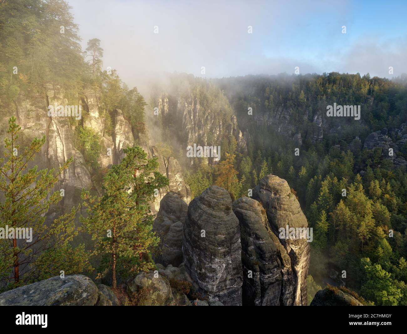 Tal, Felsen, Sandstein, Abgrund, Bergwald, Bastion, Herbst, Nationalpark, Sächsische Schweiz Stockfoto