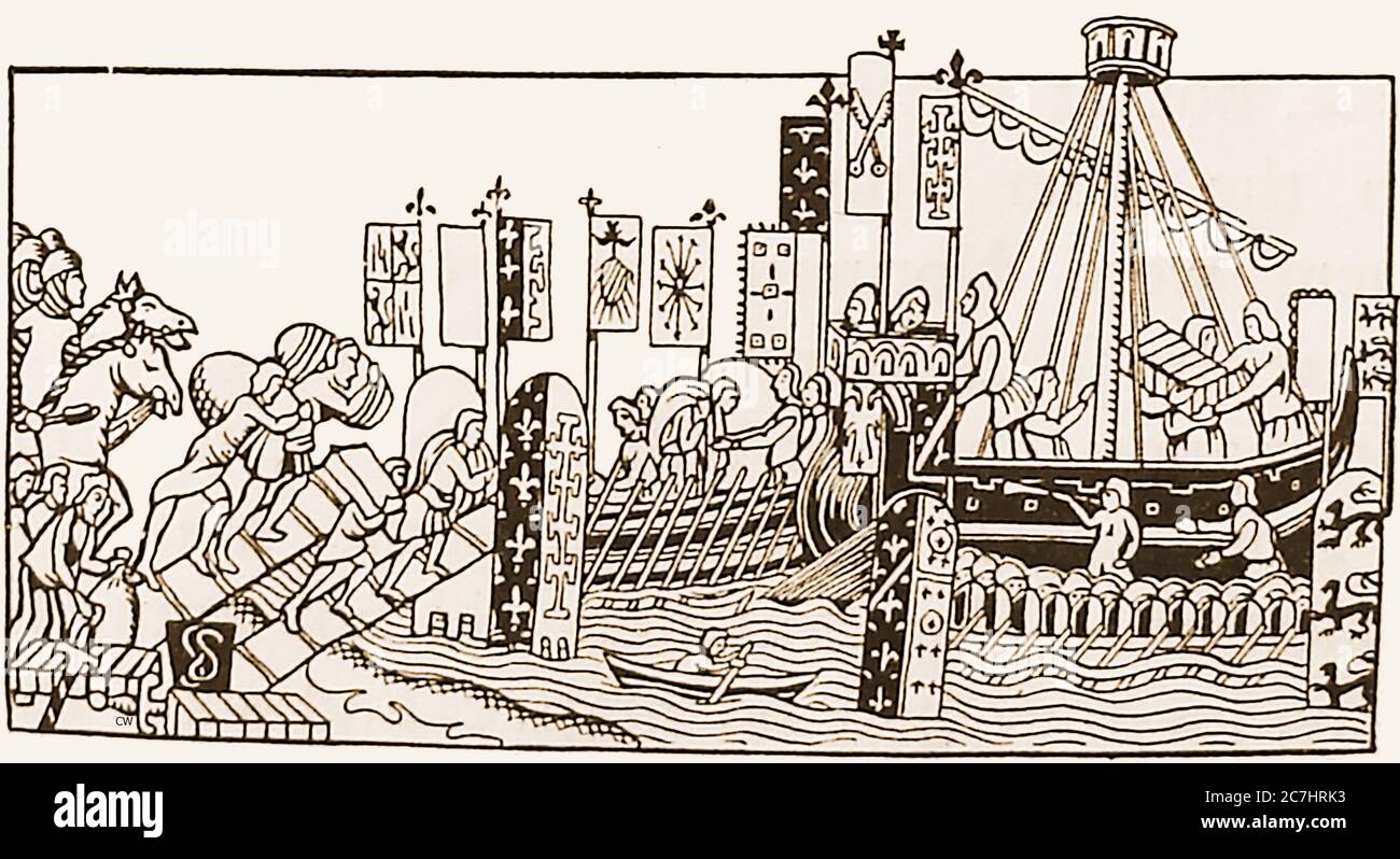 Eine alte Abbildung, die Kreuzritter zeigt, die Vorräte an Bord ihrer Schiffe laden, wenn sie sich für einen Kreuzzug vorbereiten. Stockfoto