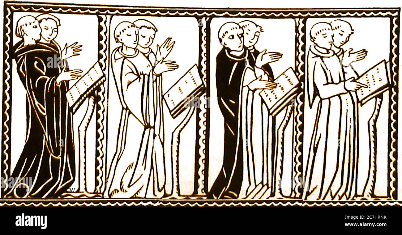 Ein alter Holzschnitt, der mittelalterliche Mönche beim Gebet und/oder Gesang zeigt. Ihre Reihenfolge ist nicht offensichtlich, obwohl sie scheinen nicht zu Kartäuser, die eine völlig einsame Existenz geführt. Stockfoto