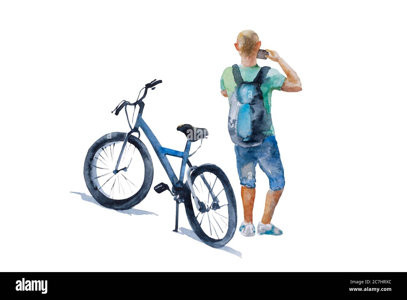 Mann in legerer Kleidung hält sein Fahrrad an, um ein Foto von der Besichtigung zu machen. Original Aquarell Illustration von Touristen und Fahrrad zu mieten Stockfoto