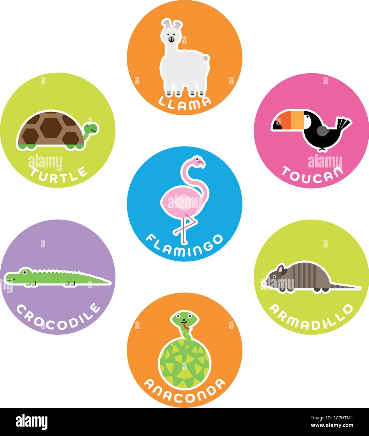 Südamerikanische Wildtiersammlung. Set von 7 Comic-Figuren im Kreis mit Namensschildern. Vektorgrafik. Stock Vektor
