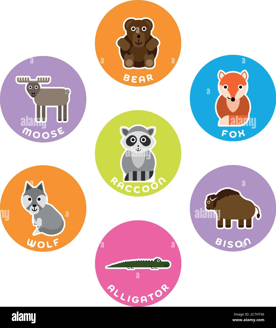 Nordamerikanische Wildtiersammlung. Set von 7 Comic-Figuren im Kreis mit Namensschildern. Vektorgrafik. Stock Vektor