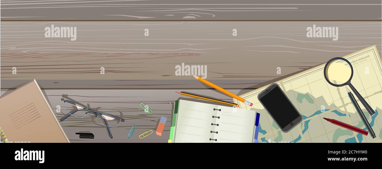 Reise. Rafting. Reisekarte, eine Route zeichnen. Hintergrund. Tourismus. Die Gegenstände werden auf den Balken des hölzernen Floßes gelegt. Rafting in freier Wildbahn. Stock Vektor