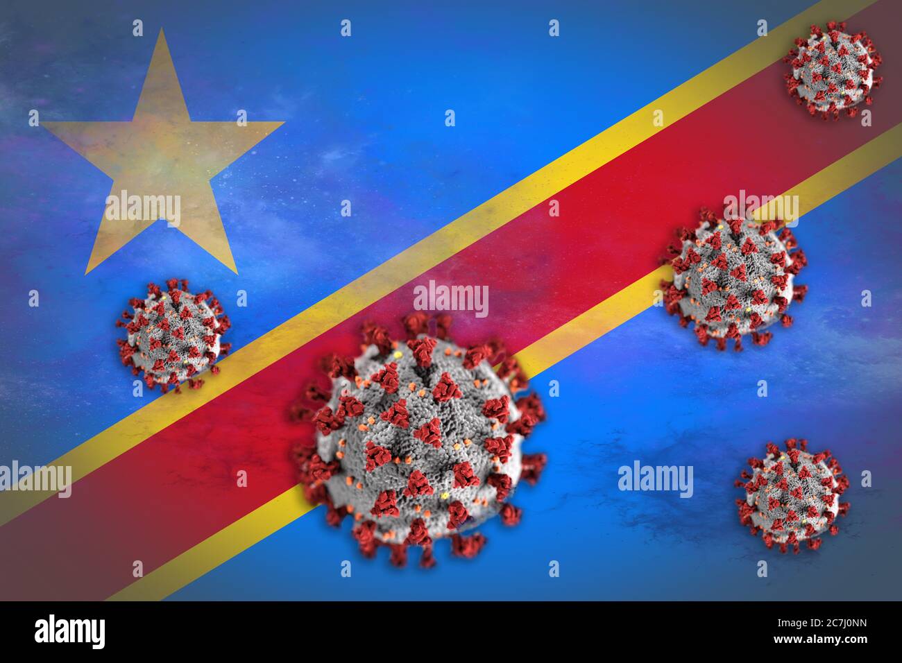 Konzept des Coronavirus oder Covid-19 Partikel überschattet Flagge der Republik Kongo symbolisierend Ausbruch. Stockfoto