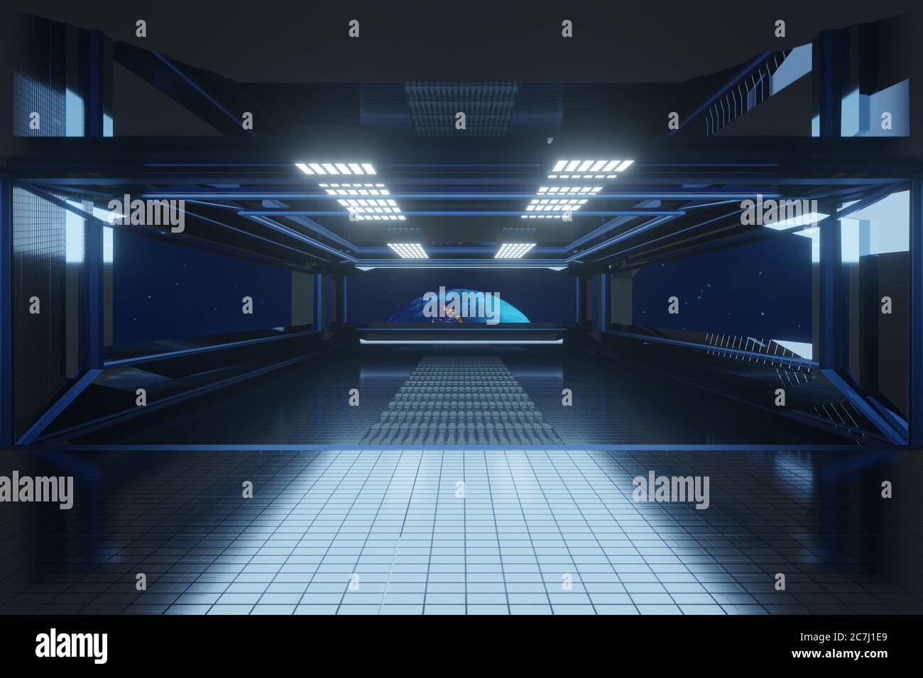 3D Illustration eines Innenraums eines Raumschiffs oder einer Raumstation mit Planet Erde im Hintergrund. Elemente dieses Bildes, die von der NASA eingerichtet wurden. Stockfoto