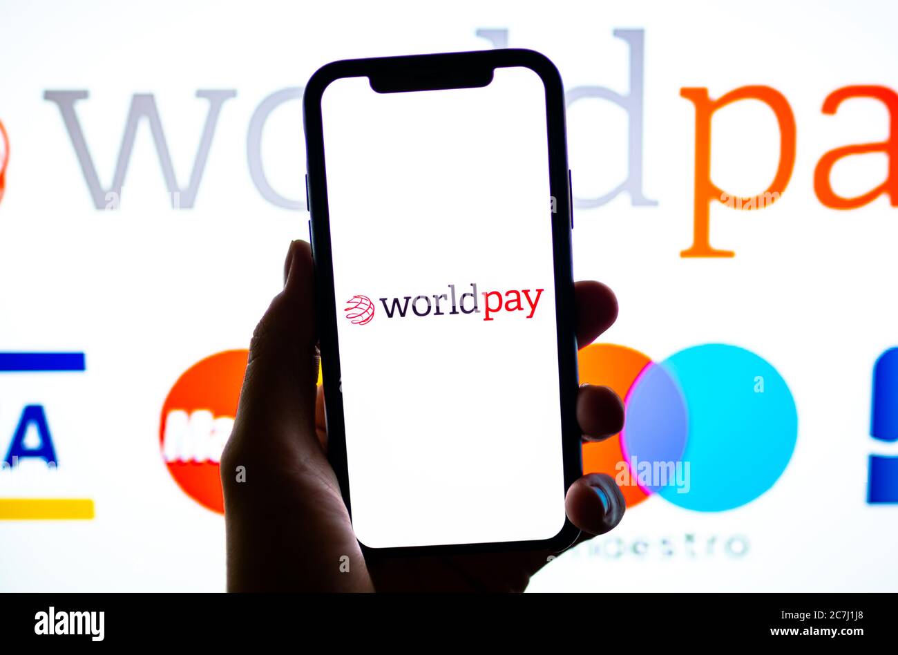 WorldPay-Logo auf dem Smartphone-Bildschirm. Stockfoto