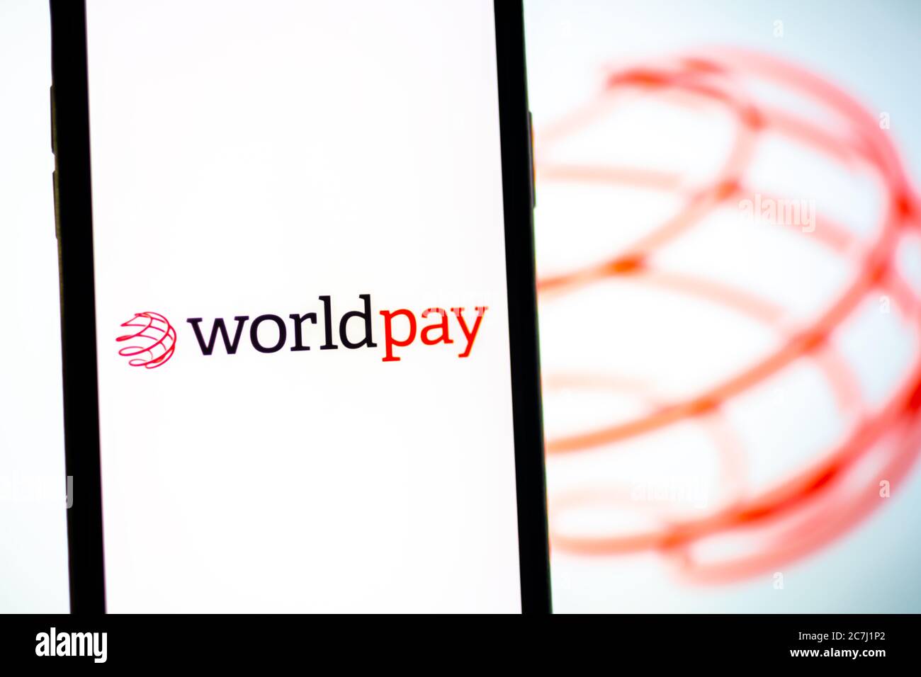 WorldPay-Logo auf dem Smartphone-Bildschirm. Stockfoto