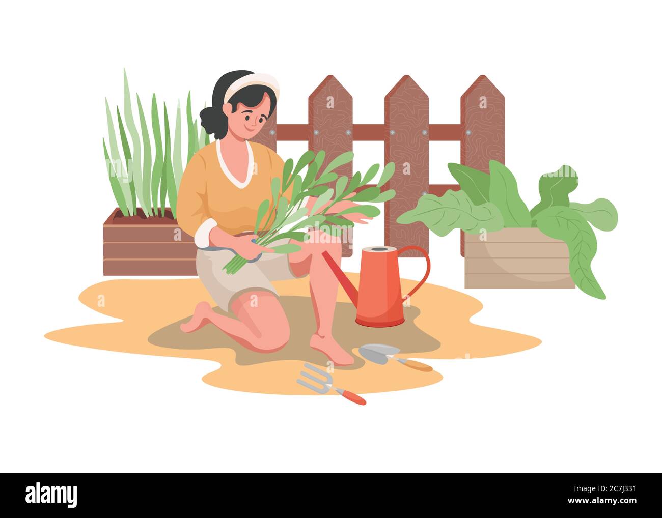 Glücklich lächelnde Frau Pflanzen und Bewässerung Garten Blumen oder Gemüse Vektor flache Illustration. Sommer Gartenarbeit, Landwirtschaft Gärtner Hobby, entspannendes Wochenende in der Natur Konzept. Stock Vektor
