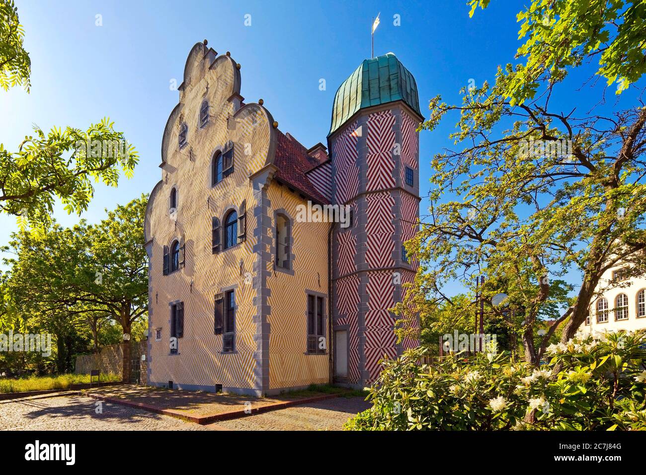 Ledenhof, ehemaliges Stadthaus, heute Sitz der Deutschen Stiftung für Friedensforschung, Palas mit Treppenhaus, Deutschland, Niedersachsen, Osnabrück Stockfoto