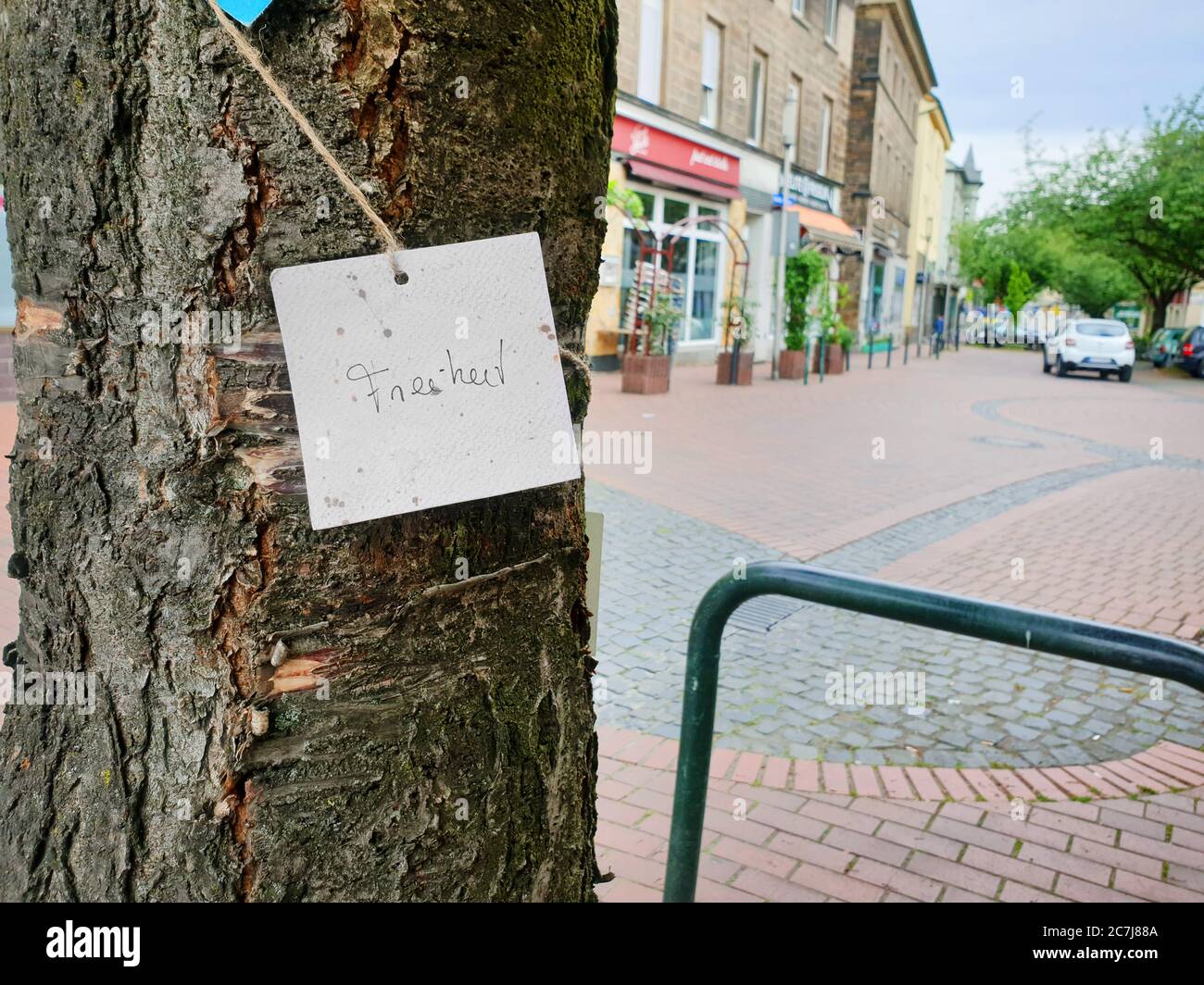schild an einem Straßenbaum Schriftzug Liberty, Deutschland Stockfoto