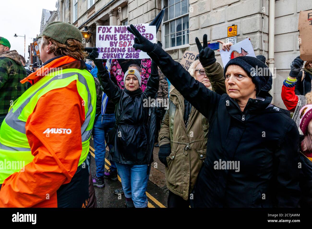 Anti Fox Hunting Protestierende bei der jährlichen Southdown und Eridge Boxing Day Hunt, Lewes, East Sussex, Großbritannien Stockfoto