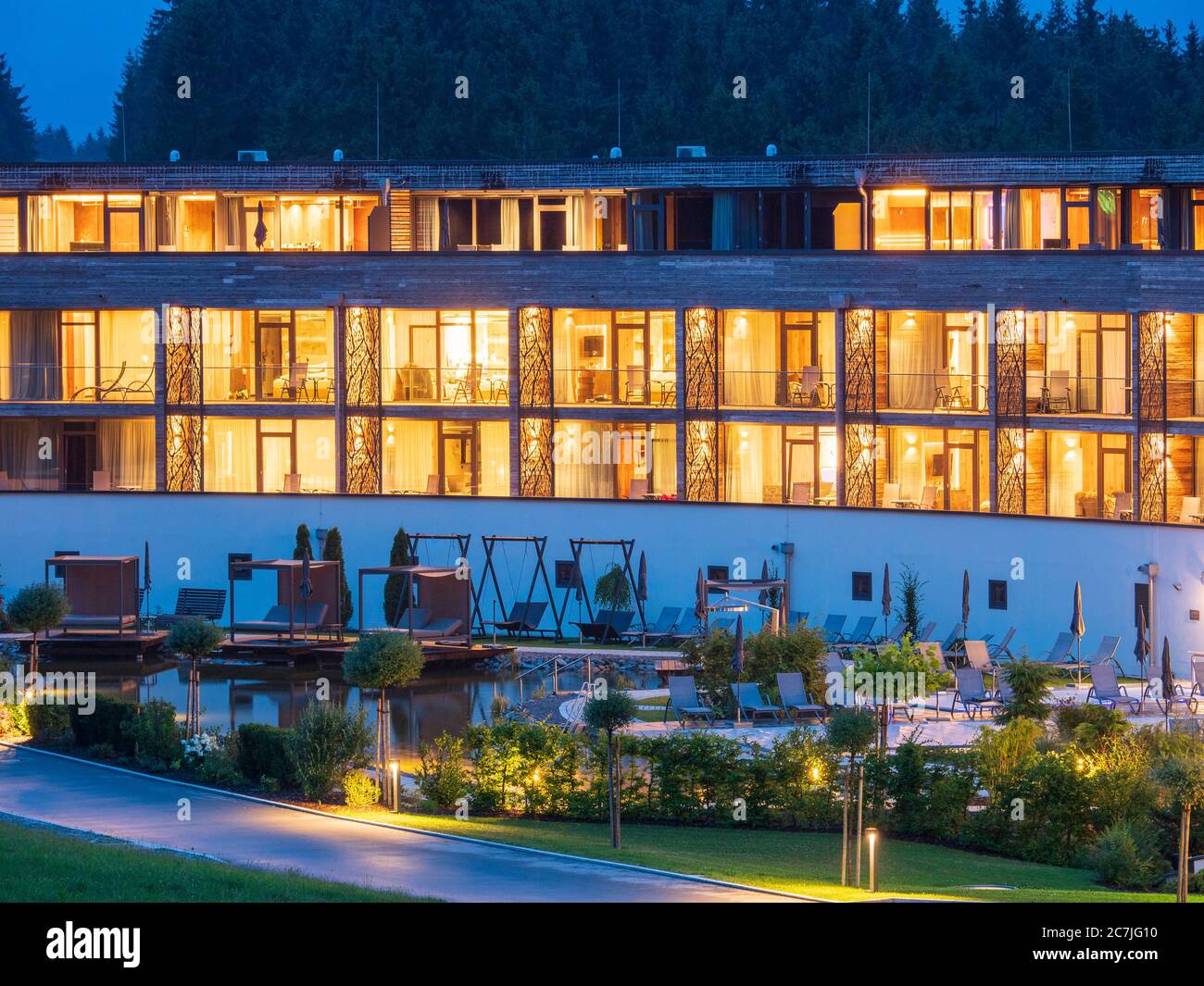 Hotel Reischlhof, Dämmerung, Bayerischer Wald, Bayern, Deutschland Stockfoto