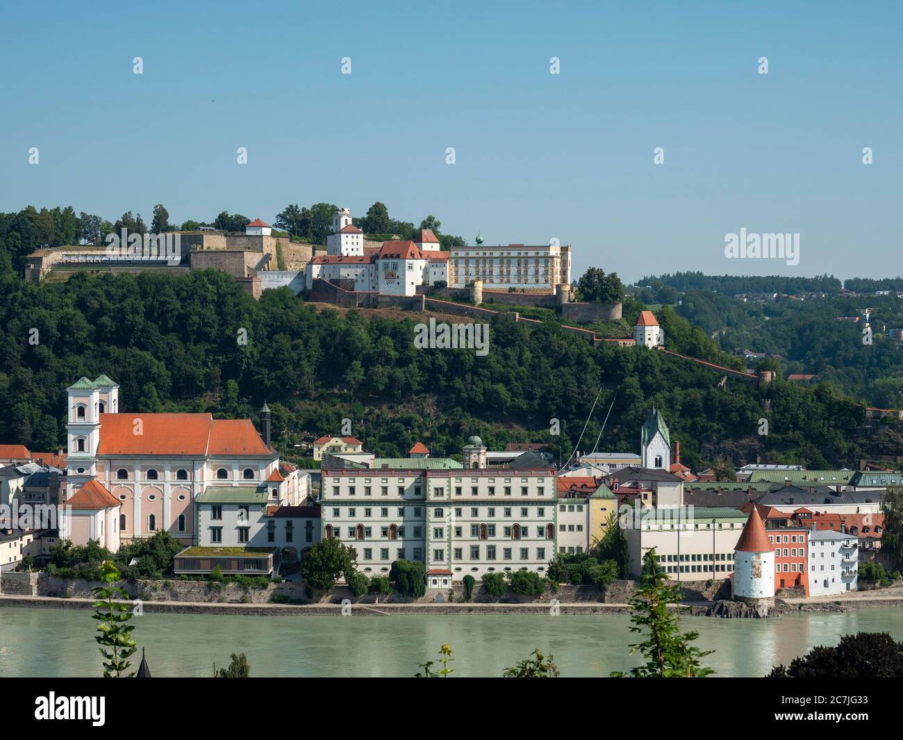 Blick auf die Altstadt und Fests Oberhaus, Passau, Bayern, Deutschland Stockfoto