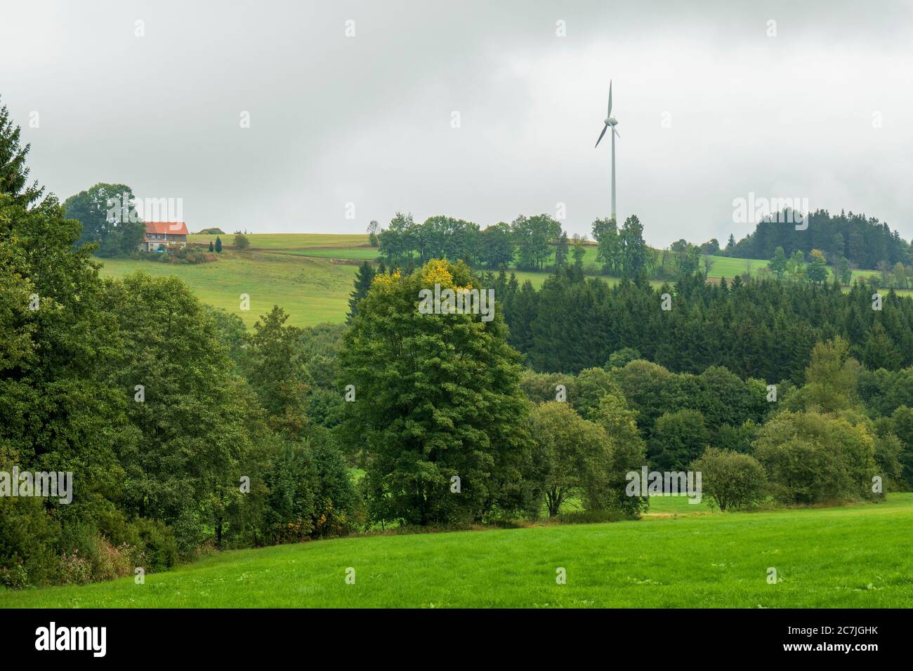 Landschafts- und Windkraftanlage, bei Reischlhof zwischen Sonnen und Wegscheid, Bayerischer Wald, Bayern, Deutschland Stockfoto