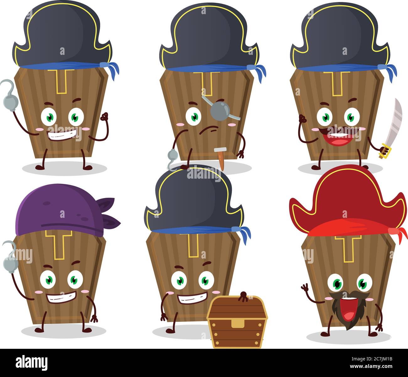 Cartoon Charakter von Sarg mit verschiedenen Piraten Emoticons Stock Vektor