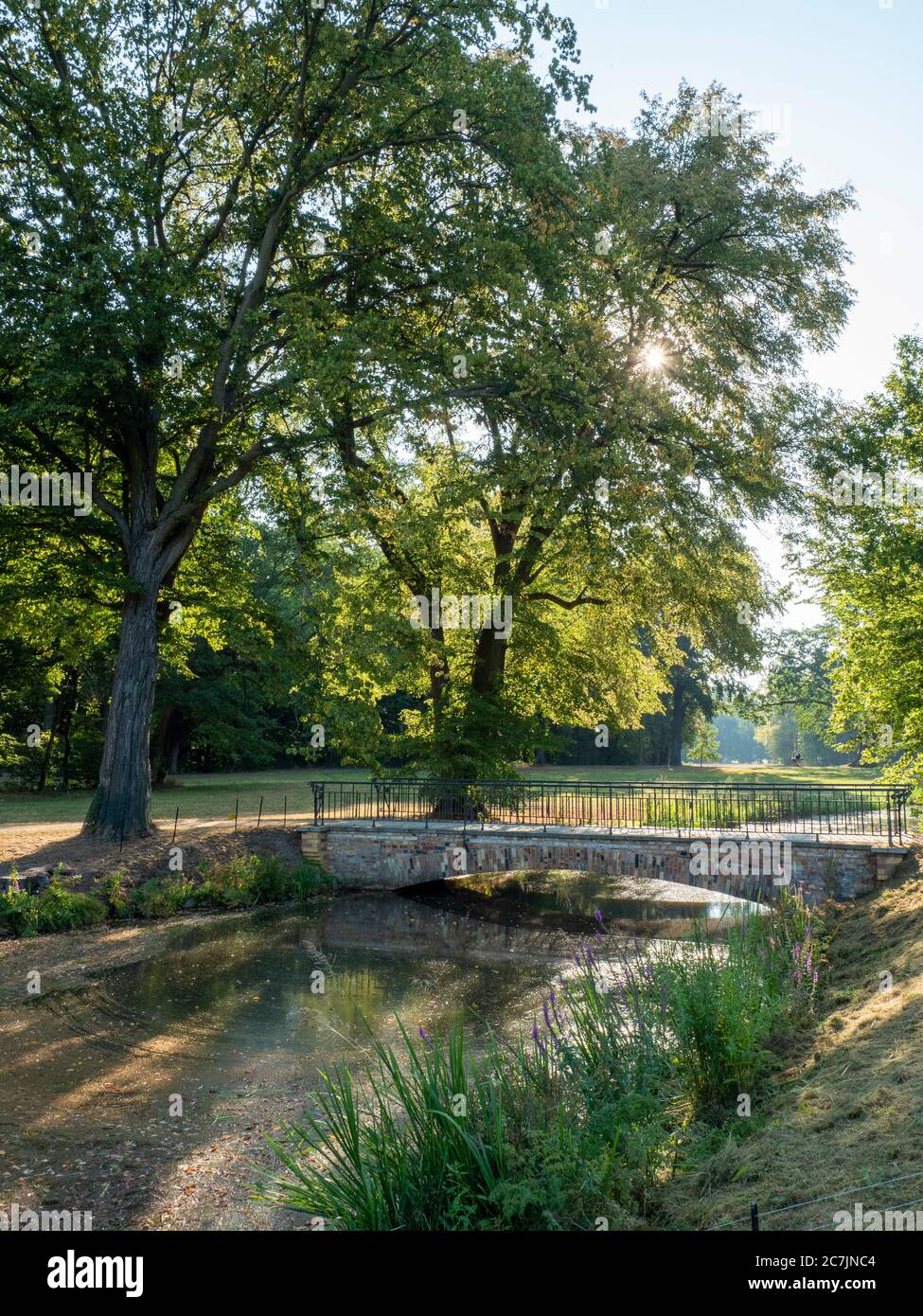 Muskauer Park, Kanal, Brücke, UNESCO-Weltkulturerbe, Bad Muskau, Oberlausitz, Sachsen, Deutschland Stockfoto