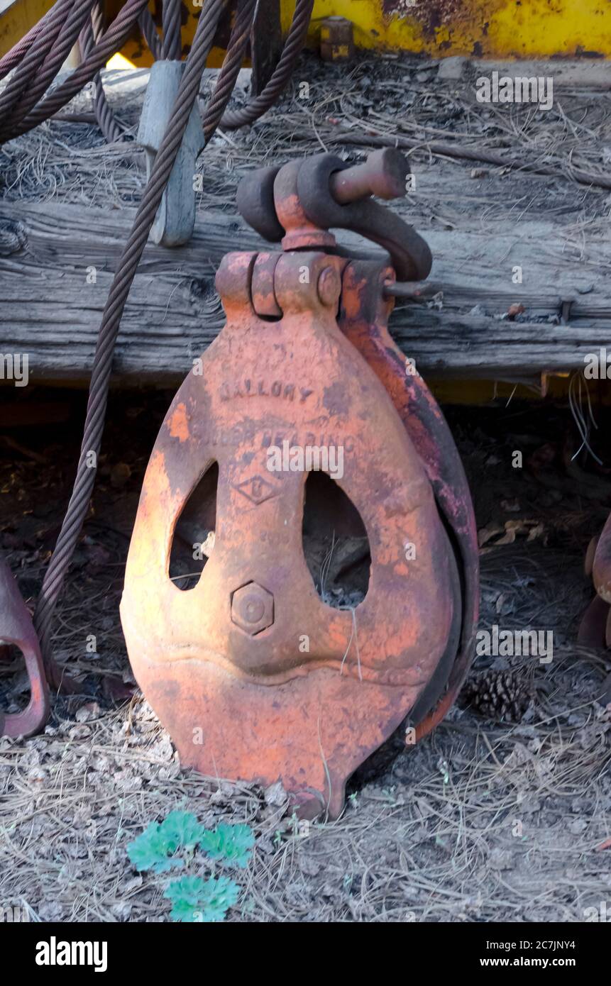 Maschinen, die in der Holzfällertechnik verwendet werden, im Holzfällermuseum im Collier Memorial State Park, Oregon, USA Stockfoto