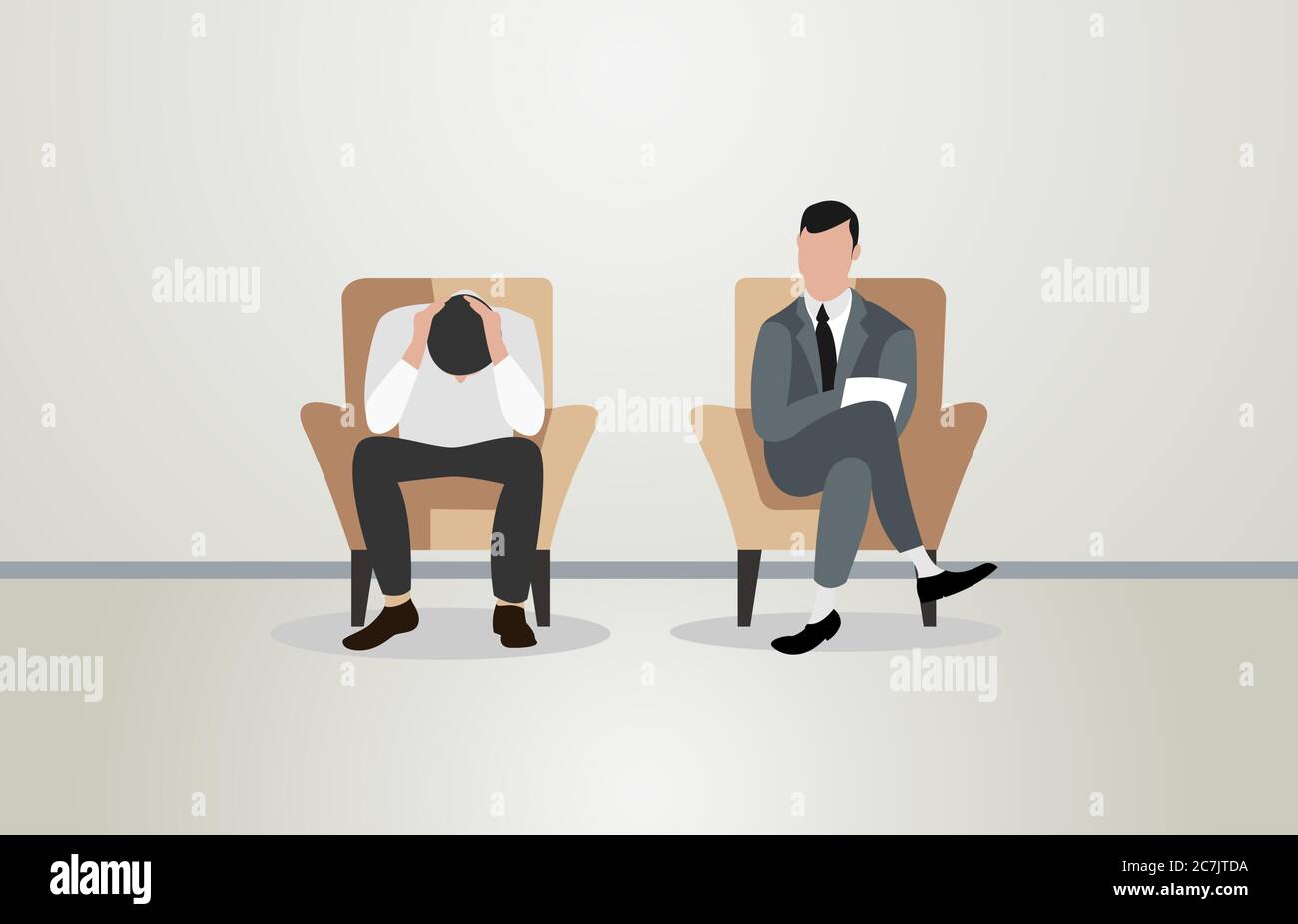 Psychiater sitzt im Sessel neben einem stressigen Patienten und stellt Fragen. Dialog zwischen Patient und Psychoanalytiker. Psychoanalyse . Stock Vektor