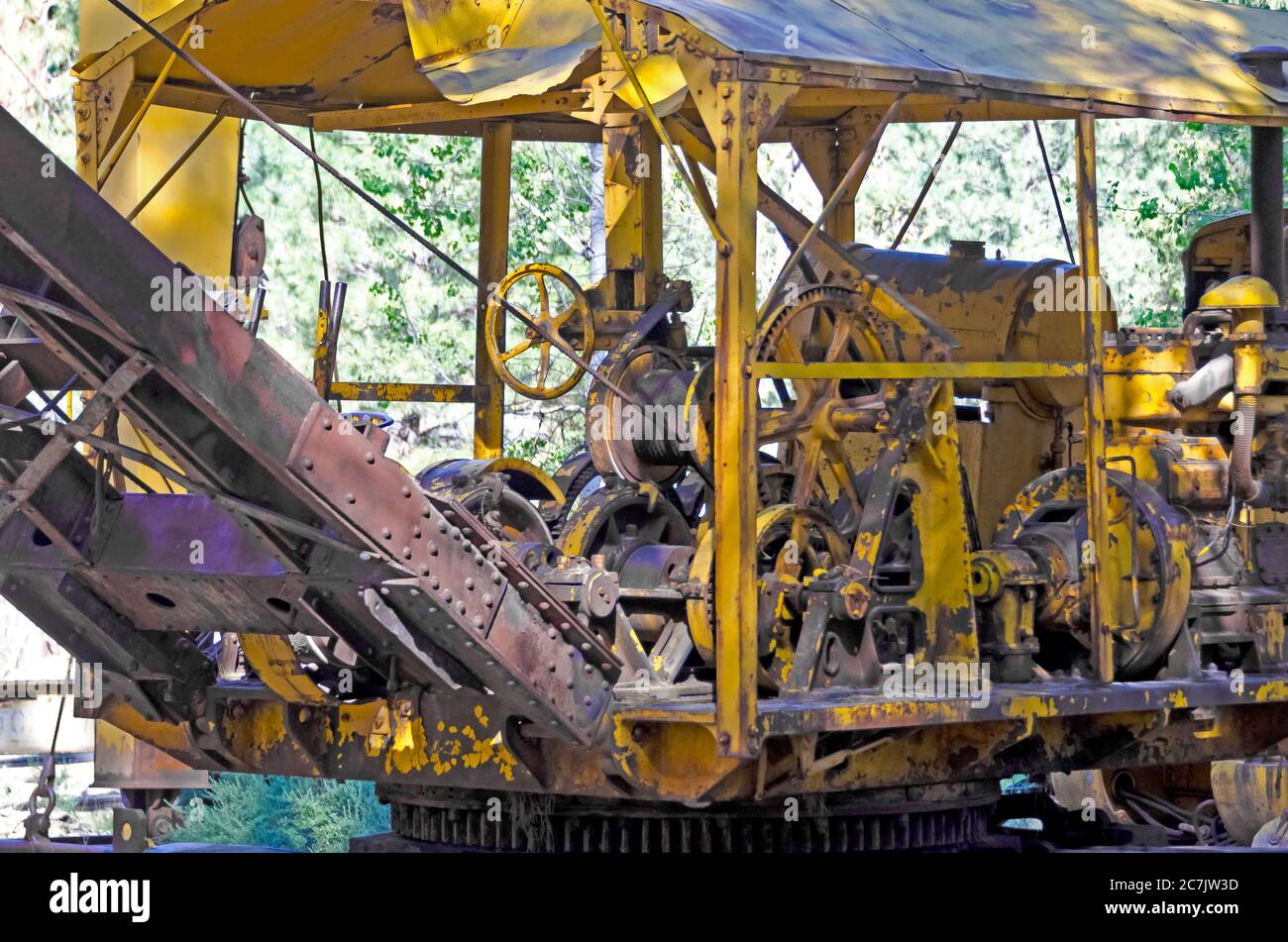 Maschinen, die in der Holzfällertechnik verwendet werden, im Holzfällermuseum im Collier Memorial State Park, Oregon, USA Stockfoto