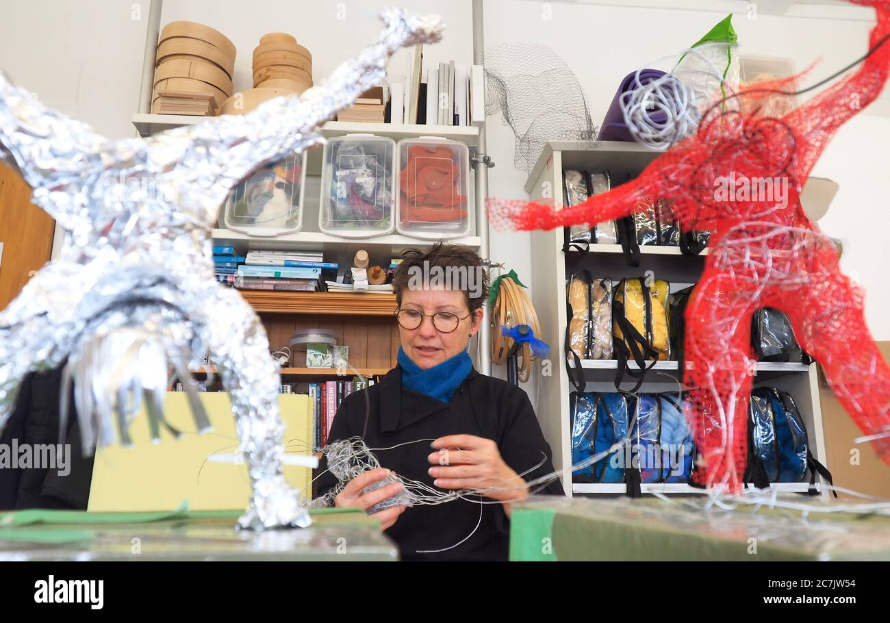 Eine Mixed-Media-Künstlerin arbeitet mit Wire in ihrem Studio in Toi Poneke in Wellington, NZ Stockfoto