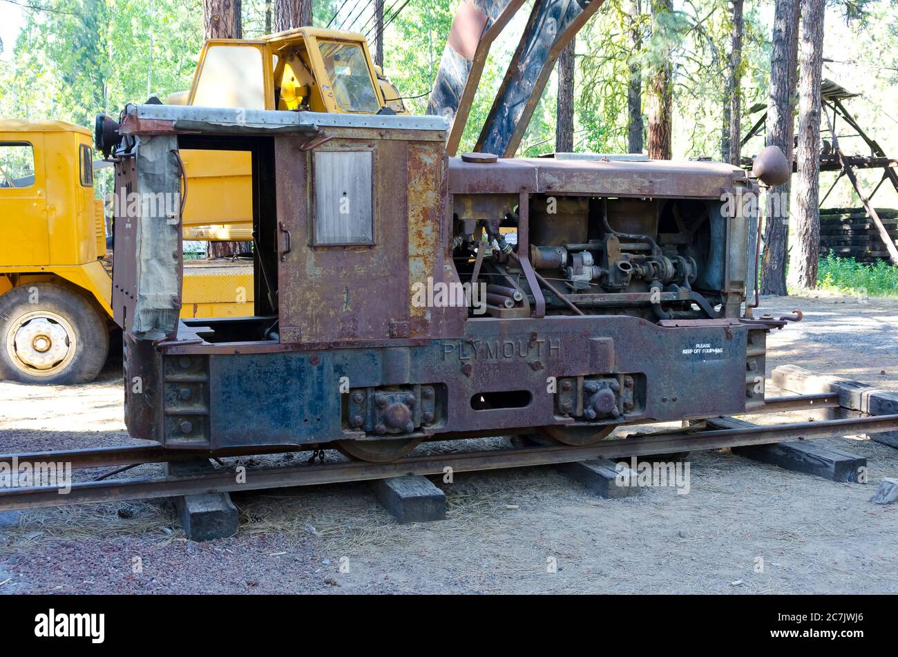 Maschinen, die in der Holzfällertechnik verwendet werden, im Holzfällermuseum im Collier Memorial State Park, Oregon, USA Stockfoto