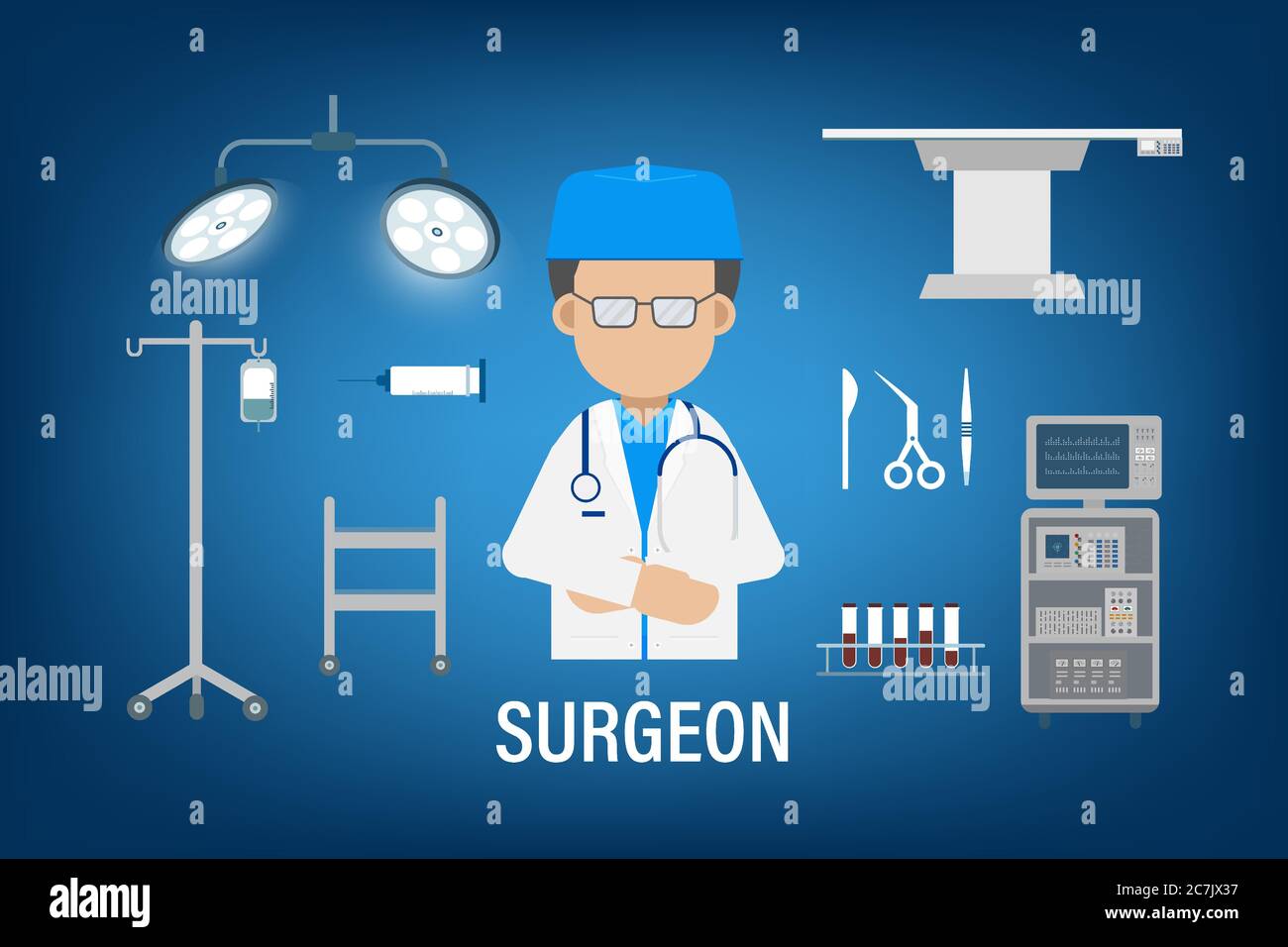 Chirurg mit Chirurgie Ausrüstung flache Design Vektor Illustration Stock Vektor