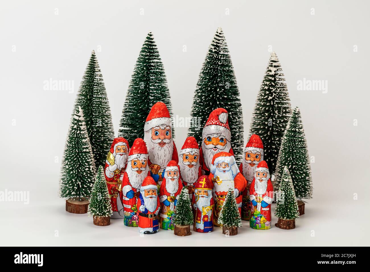 Verschiedene Schokolade nikolaus stehen inmitten von Miniatur-Weihnachtsbäumen, weißer Hintergrund, Ikonenbild, Weihnachtszeit, Stockfoto