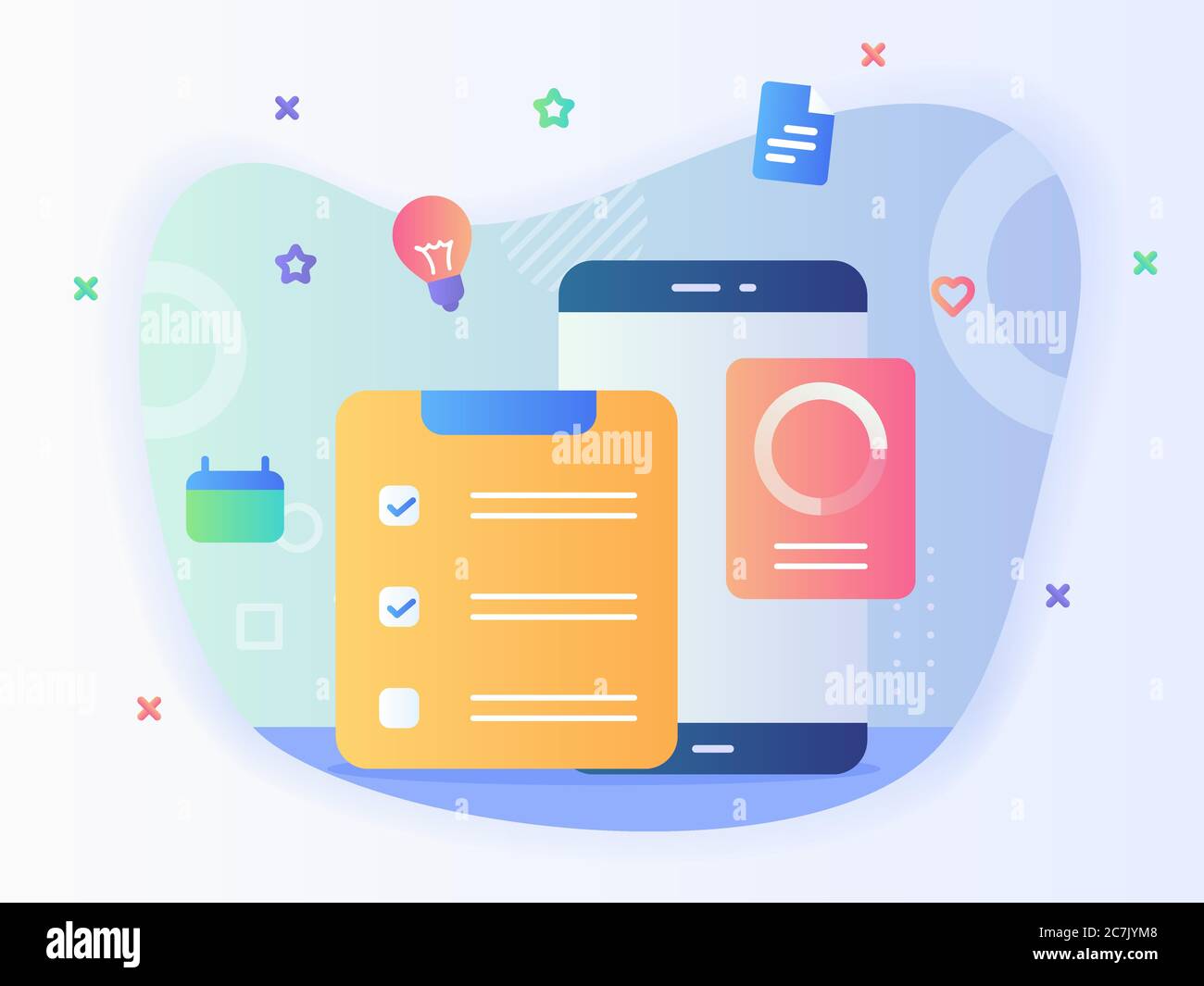 Konzept der Liste Aufgabe zu tun getan Checkliste Kalender Smartphone mit flachen Stil. Stock Vektor